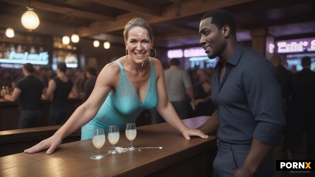 in bar,crowd,many people,(albinos skin,milf with a perfect body,muscular body,muscular legs),(ultra high details, extremely realistic,highly detailed, award winning,4K),
detailed face,pretty face,facial dimples,bangs,hairband,legs close together,
(see her ass under clothes,elegant,fitted,big hoop earrings,olied skin,clenched teeth),
in bar,view from profile,
short hair,tight clothes,transparent turquoise nightie,smile,,tight clothes,(she gets fucked by a clothed man from behind with big smile ),
(many clothed people,people close together),pump shoes,closeup,full clothes,he is a dark african man standing behind the woman fucking her anally, she is bending over a round table while he is fucking her, at all fours, her back is arched as the man is grabbing her hair, he is standing behind her fucking her doggystyle position, he is spreading her ass,,,angle view,,(handjob,another black man standing front of her and gets a handjob),(look at viewer with cum strings are attached from her face to his cock,cum on face,facialized 1:2),