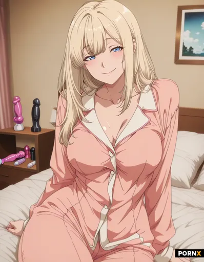 girl with long blonde hair and blue eyes sits smiling on her bedroom bed