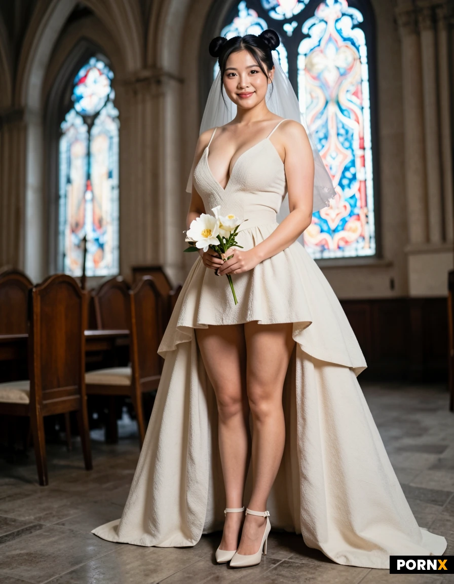 masterpiece, best quality, highres, absurdres, bride, very_short_dress, bare_legs, high_heels, smiling, holding_flower, church_interior, stained_glass_window, cinematic, atmospheric, beautiful_lighting, soft_light, full_body, standing, detailed_background, depth_of_field, photorealistic, ultra_detailed, ray_traced