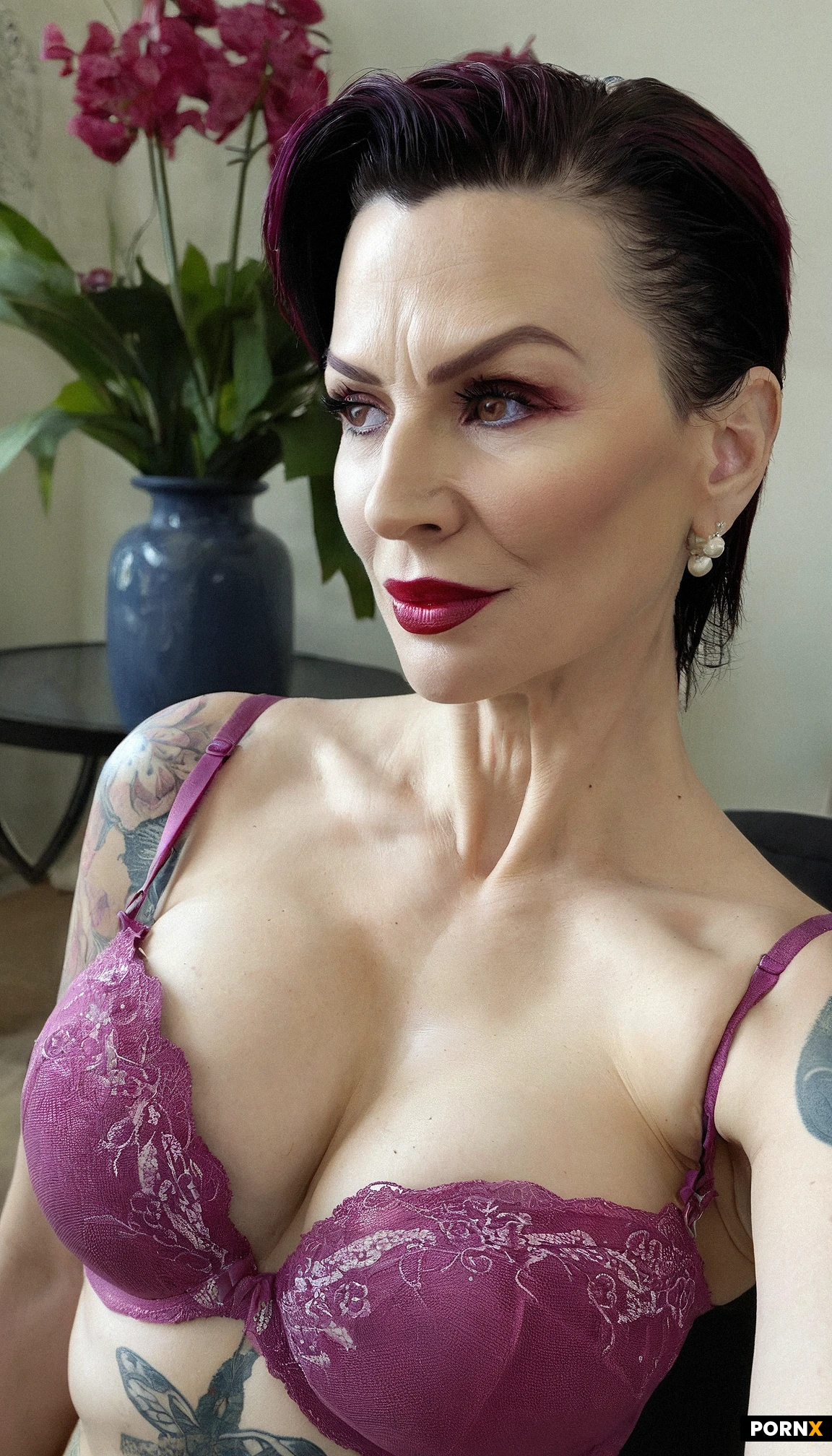 high definition, super realistic, 80s classic movie style, aged mature woman, white skin, pretty face, red eyeline, short slicked-back hair with hair gel, red lip, small saggy breast, (color tattoo on her left shoulder :1.3), pearl earring, thin necklace, (pink and purple old fashioned bra, breast are pulled out off bras:1.3), no thong, tired and exhausted expression, (cowgirl position, sit on man's long and thick penis, anal penetration:1.3), (thick thighs :1.3), wet pussy, very sweaty body, sweaty breast, spread legs and knees up, shaved pussy, background, old fashioned living room, elegant carpet, old_fashioned_ sofa, flower vase, vase stand, detailed face, realistic reflection effect of oiled body with light, dynamic view