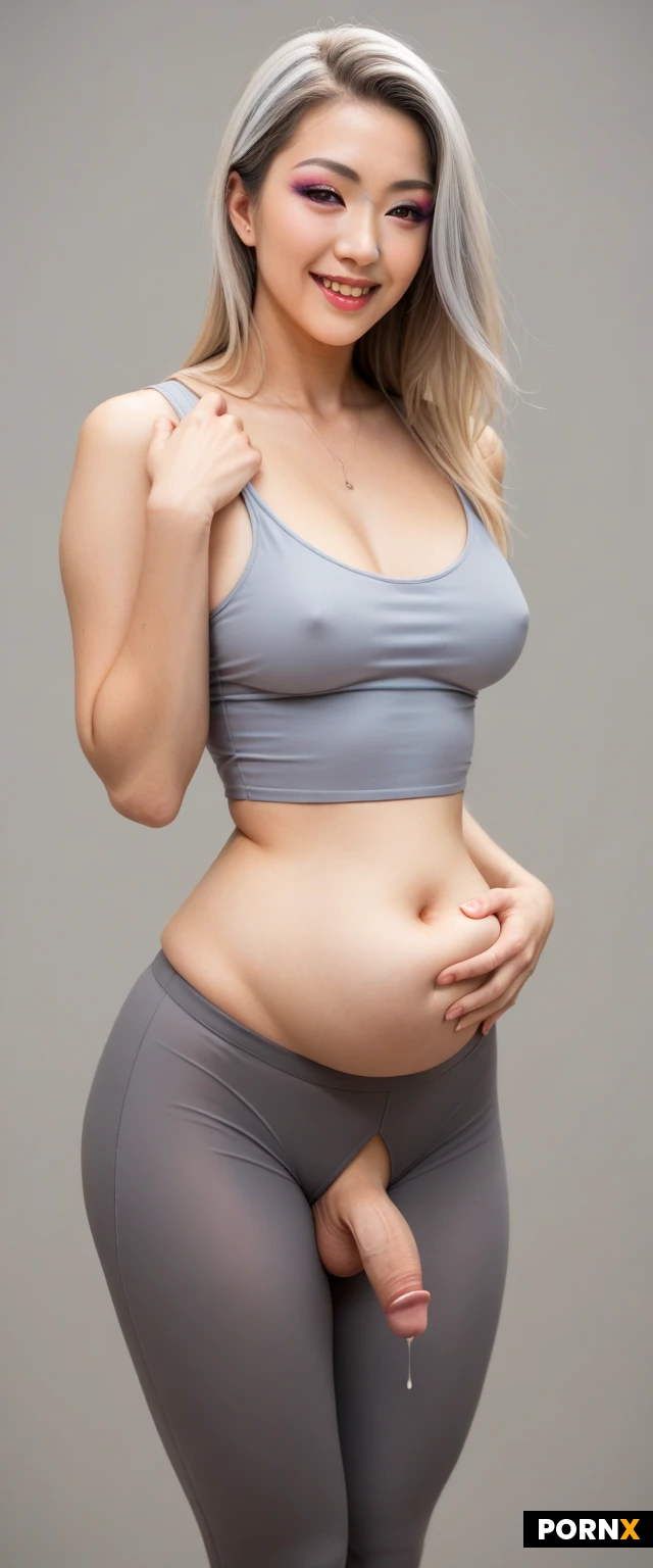 Futanari, Vietnamese, Cute face, (Makeup: 1.3), happy face, Asian face, front view, thigh gap, standing, small cock dripping cum, sheer grey yoga pants), tank top, small breasts, rounded breasts, (rounded belly: 1.4), rounded ass, straight hair, big waist, (blonde hair: 1.2), silver highlights