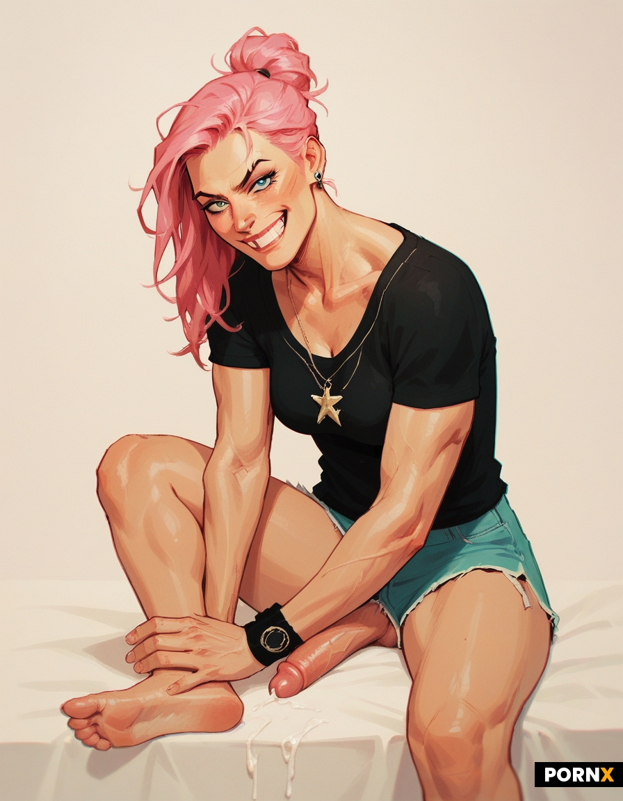 A cute pink-haired muscle woman