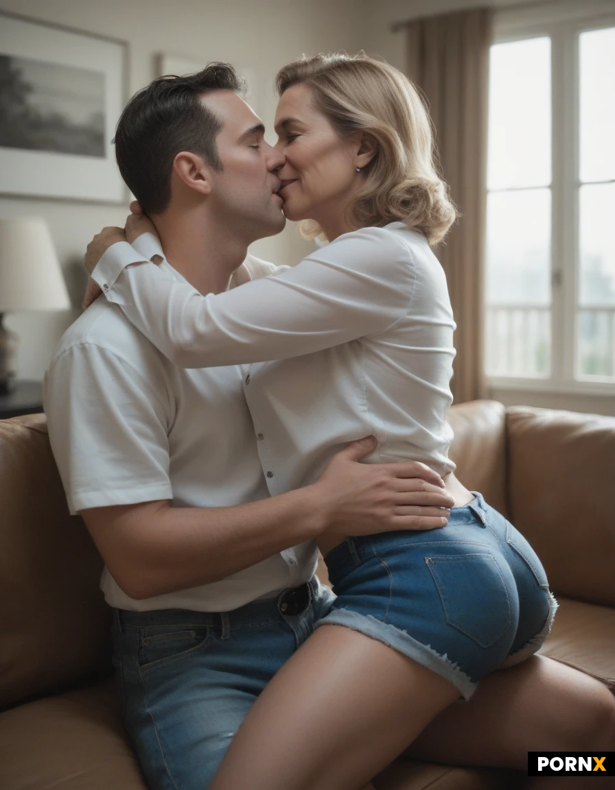 beautiful woman, short blonde bob, pale skin, medium breasts, face to face sex, sitting on lap, embracing, kissing, penetration, unbuttoned white shirt, loosened tie, no pants, black panties, after work, modern living room, large sofa, big windows, natural daylight, standing, smiling, milf, kissing man, both wearing blue jeans shorts