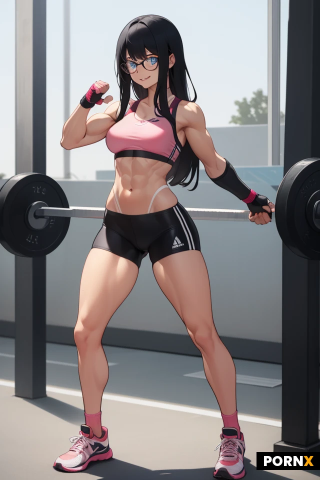 female, height: 175 cm, age: early 20's, long hair, black hair, shiny hair, bangs, blue eyes, pink lips, eyeglasses, reddish-pink hairbow, broad shoulder, medium breasts, slim waistline, long legs, athletic, toned, fit, slightly muscular, slightly tanned, light pink sports bra, dark grey bike shorts, calf length socks, tennis shoes, fingerless gloves, weightlifting gloves, double biceps flexing, arms spread out, powerful posing, strong stance, determined face, slight smile, high-tech gym,
