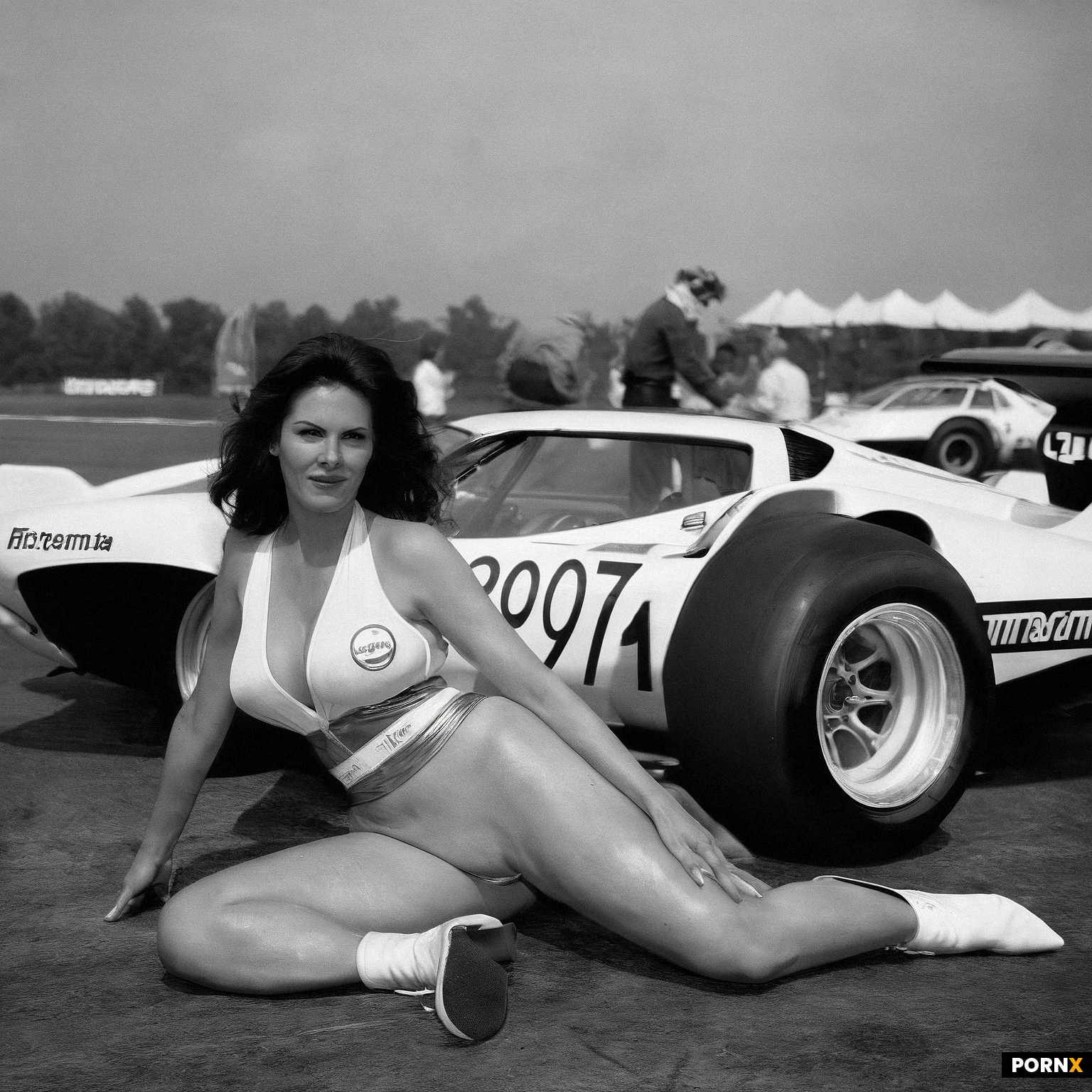 (slim and very busty female:1.5); motorsport photograph from the 1970s, featuring a sexy adult woman crouching beside an open-wheel race car at a racetrack. She has shoulder-length straight dark hair with a side part, a soft natural smile, and a youthful oval face. She is wearing a simple sleeveless white mini dress, white ankle socks, and white heeled ankle boots. She is kneeling beside the cockpit, one hand resting naturally on her thigh
Behind her is a classic open-wheel formula race car with a large exposed cockpit and period racing livery. Outdoor racetrack setting, trees and blurred spectators/background structures in the distance. Authentic 1970s motorsport photography, documentary style, candid promotional paddock moment, high-contrast monochrome film, subtle film grain, slightly soft vintage lens, realistic anatomy and proportions, natural lighting, full-body composition
