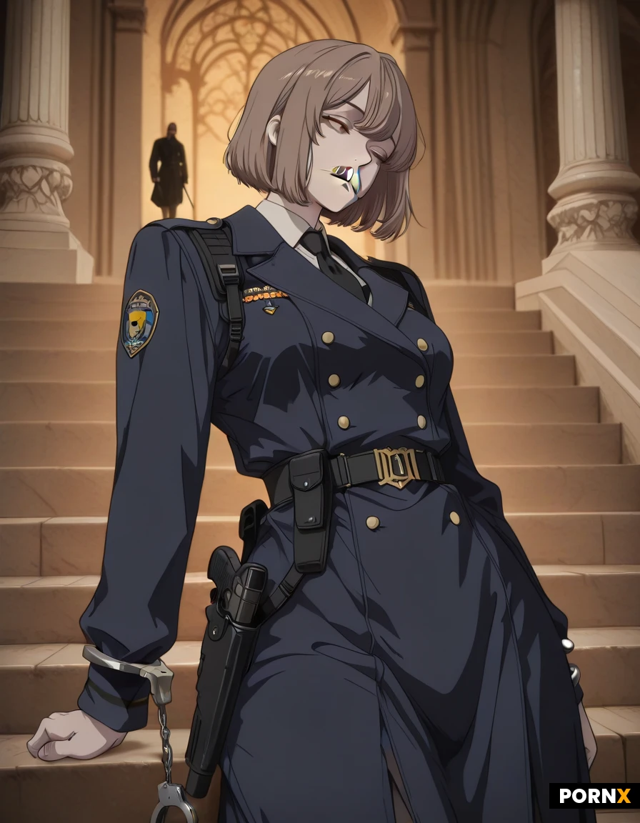 A tall Caucasian man with short, tousled brown hair, a neatly trimmed mustache, and porcelain-pale skin lies flat on his back, his eyes half-closed in a weary, contemplative expression as he rests on the stone steps of the Basilique du Sacré-Cœur in Montmartre, captured from a side view that emphasizes the curve of his torso and the relaxed position of his limbs. He is dressed in an immaculate French police uniform: a dark navy double-breasted coat with brass buttons, a crisp white shirt, a sleek black tie, a black tactical vest bristling with holsters and pouches, a gray utility belt laden with handcuffs, a baton, a sidearm, and polished black leather patrol boots that gleam under the fading light. Soft, golden hour rim lighting outlines the edges of his figure, casting gentle shadows across the historic marble steps, while a shallow depth of field blurs the ornate basilica in the background, allowing the texture of the stone and the subtle grain of his uniform to dominate the frame. The scene feels cinematic, rendered in ultra-high-resolution photorealism with meticulous attention to fabric stitching, skin pores, and the weathered patina of the Sacré-Cœur's façade.