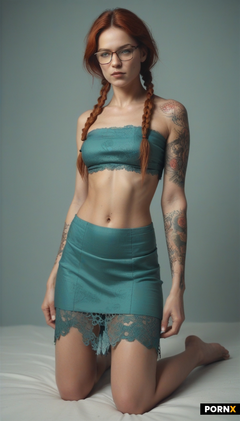 red hair green eyes  short flowing skirt simple lace bandeau with small bust and glasses simple tatt