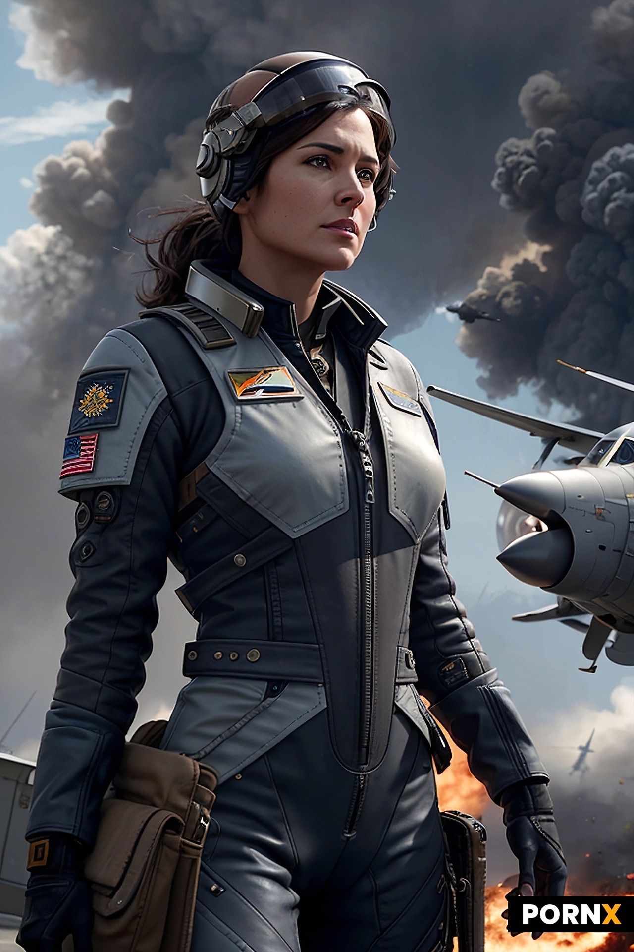 A highly detailed and realistic digital painting of a fierce female aerospace pilot in her 30s