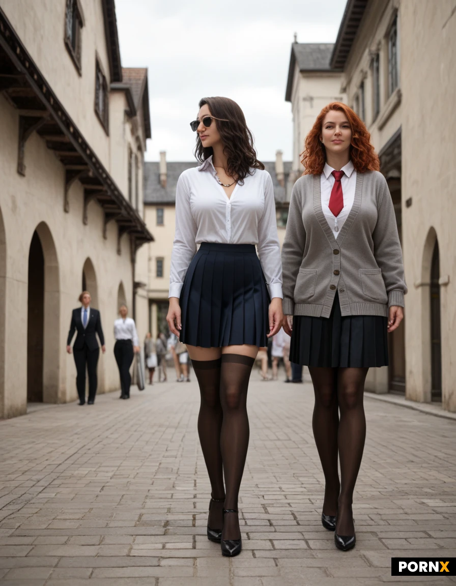 Three women in uniforms stand in a courtyard with a castle-like building in the background. The women are positioned in the foreground, facing the camera. The woman on the left has light brown hair and is wearing a dark grey cardigan over a white shirt and a tie with red and gold stripes. She has a grey pleated skirt and black stockings. The woman in the middle has long, wavy red hair and is wearing a similar dark grey cardigan over a white shirt and a red tie. She has a black pleated skirt and black stockings. The woman on the right has long, dark hair and is wearing a dark grey cardigan over a white shirt and a blue and white striped tie. She has a grey pleated skirt and dark grey stockings. All three women are wearing black heels. The building behind them is made of light brown stone with arched windows and turrets. The ground in the courtyard is paved with large, flat stones. In the background, several other students in dark robes can be seen walking away from the camera. The sky is overcast and the overall color palette of the image is muted, with shades of grey, brown, and dark blue dominating. The composition places the three women at the center of attention, with the architectural elements of the building framing them.
