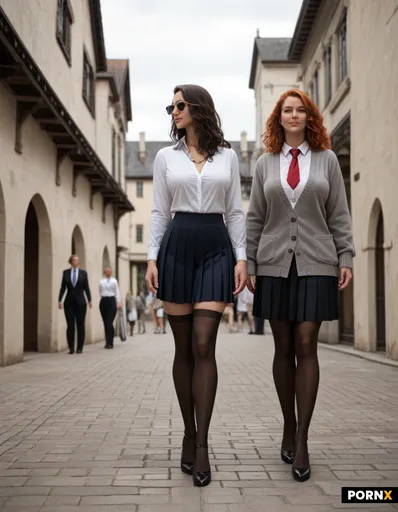 Three women in uniforms stand in a courtyard with a castle-like building in the background