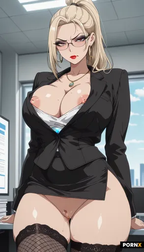 sexy slut with long blonde ponytail standing in a corporate office with big windows