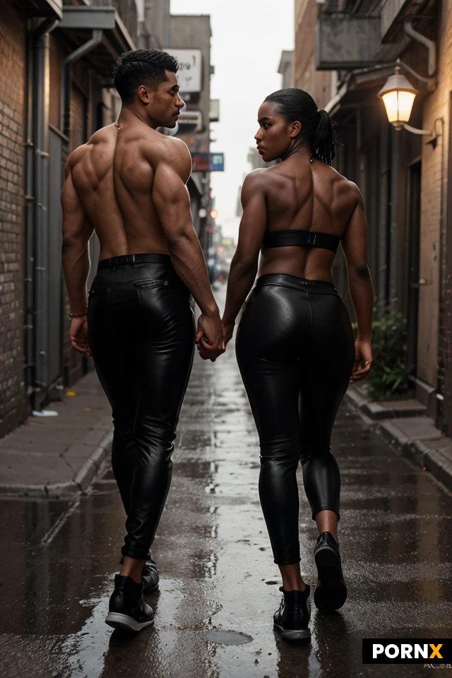 Masterpiece, best quality, high resolution, two muscular drak-skinned African men with chiseled bodies and confident, haughty look stride side-by-side down a narrow, graffiti-splashed alley, their forearms flexed as they walk shirtless in tight black pants and polished black leather shoes. The low angle view accentuates their towering presence, while soft rim lighting casts subtle highlights on their defined muscles against the dim, neon-lit city backdrop. Shadows linger on the wet pavement, illuminated by flickering street lamps that create a moody, atmospheric glow. Shot with a shallow depth of field, the focus crisply captures the gritty textures of the alley walls and the sleek sheen of their footwear, evoking a cinematic, ultra-realistic style.