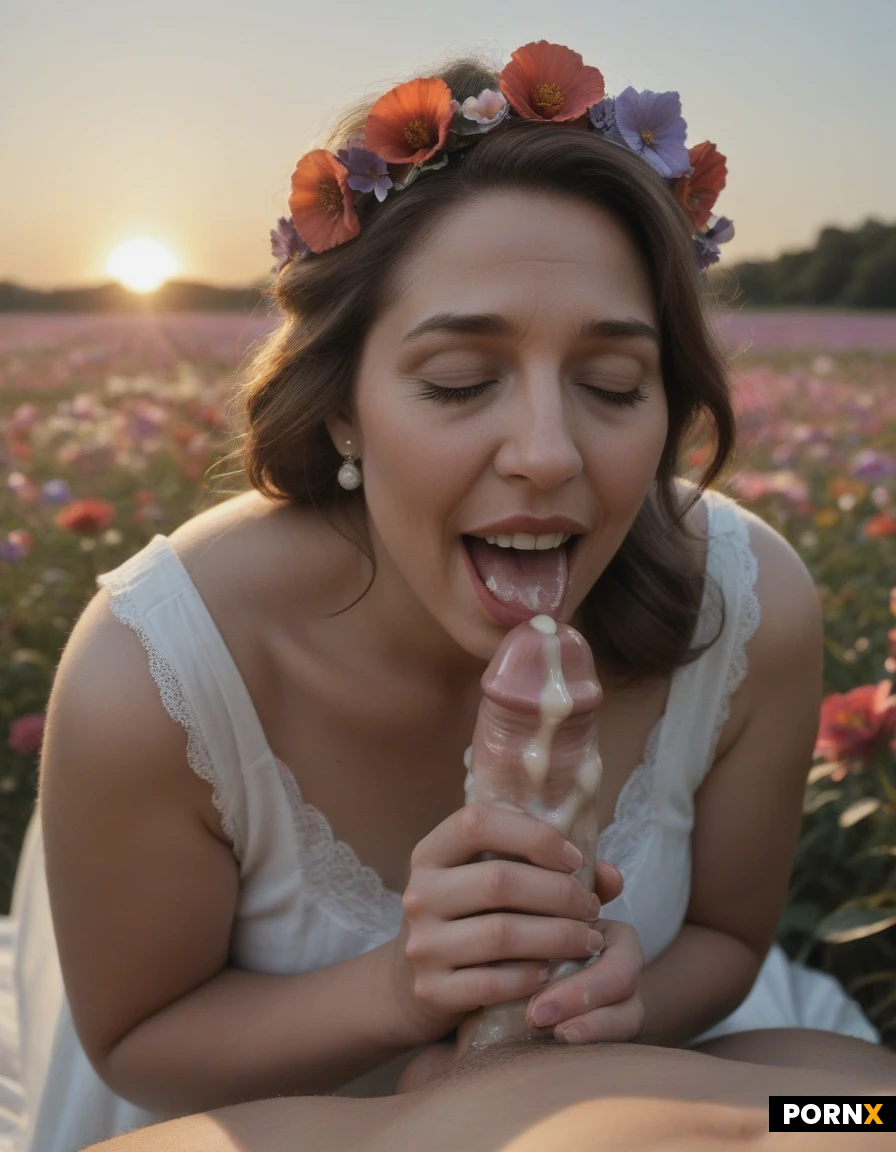 1woman 1man, 39 years old ordinary woman, mature, flower crown, light sundress, kneeling on all fours, wavy ponytail, handjob, licking dick, voluptuous figure, plump fat boobs, having passionate sex with her husband. Her nipple caresses his dick. flower meadow, sunset, masterpiece, explicit, (closed eyes), eyelashes, (orgasm face, moaning), open mouth, (passionate:1.3), seductive grin, bursting cumshot, bright light patches, light caustics, sunlight, best quality, amazing quality, high contrast, volumetric lighting, intricate details, view from top, photorealistic, romantic sensual mood. Her husband cums in her mouth, dripping cum, cum on cock, cum on body