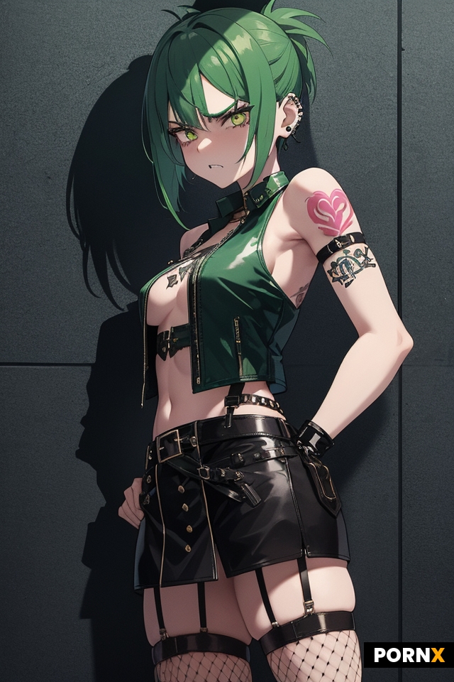 Green-haired 18-year-old punk with an undercut and small breasts shows her sweet