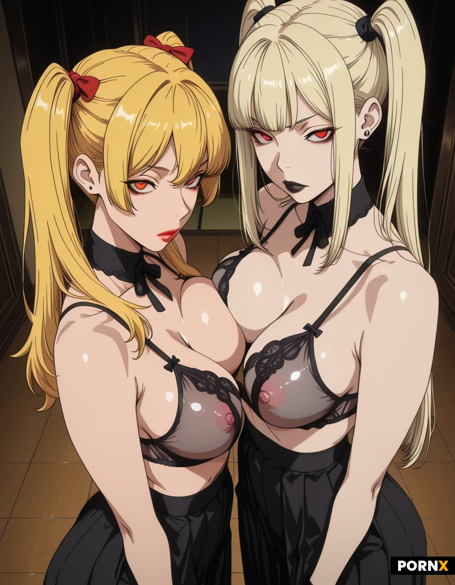 masterpiece, best quality, highres, absurdres, 2girls, asian, goth, redhead, straight_hair, long_hair, blonde_hair, twin_ponytails, red_eyes, amber_eyes, black_lipstick, large_breasts, cleavage, transparent_bra, erect_nipples, standing, low_angle, floor_view, looking_at_viewer, nsfw, exposed_breasts