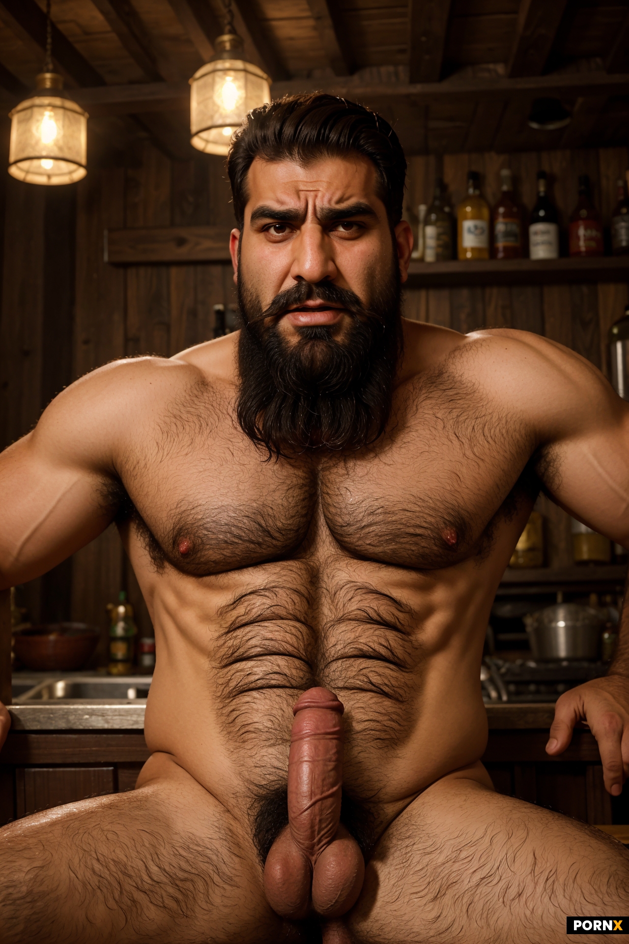 A hairy angry arab dad with a big bushy beard and a very hairy chest in a tavern with his erect cock