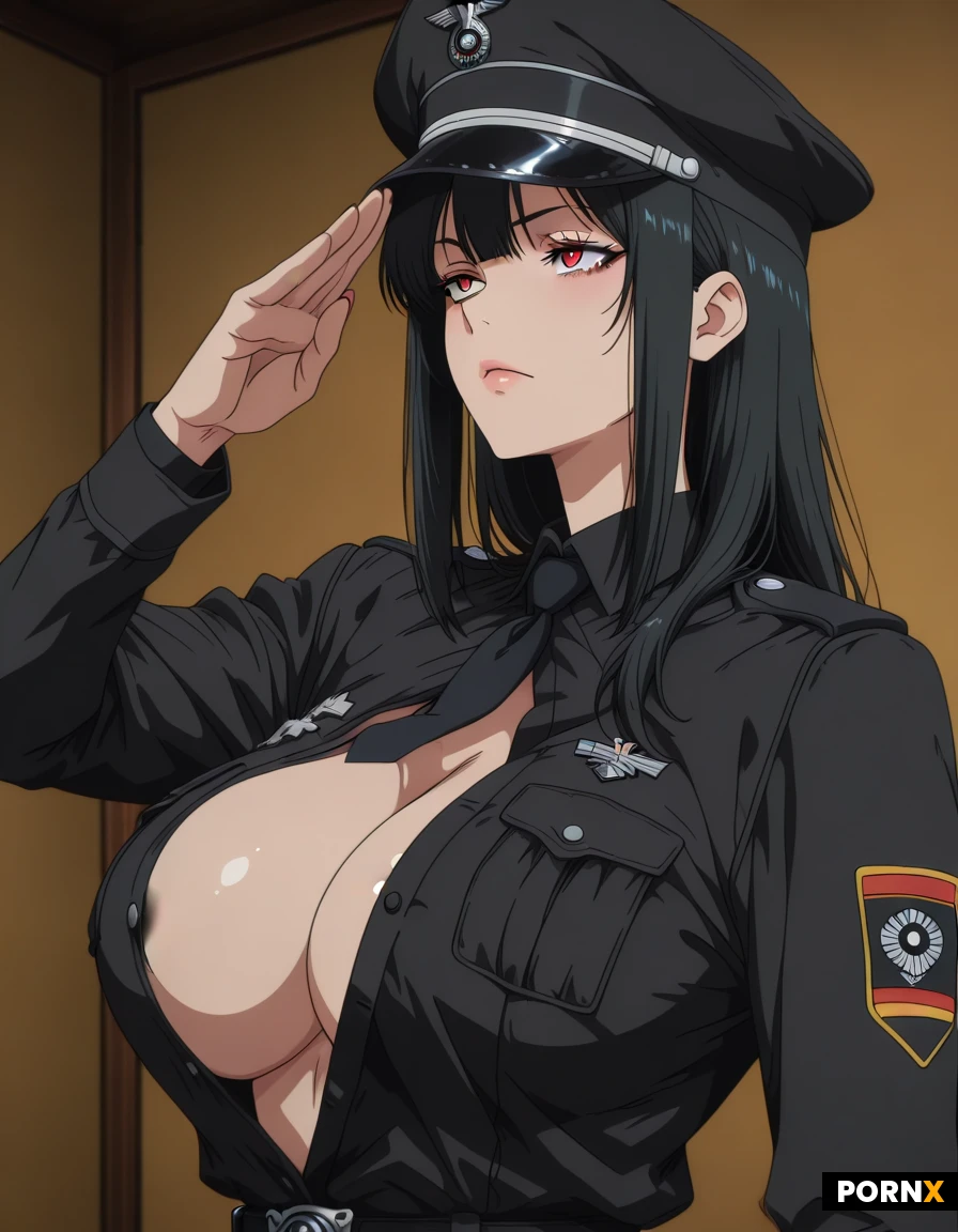 Multiple women, Massive saggy tits, German, in a black officer uniform, unbuttoned. Showing her tits, saluting