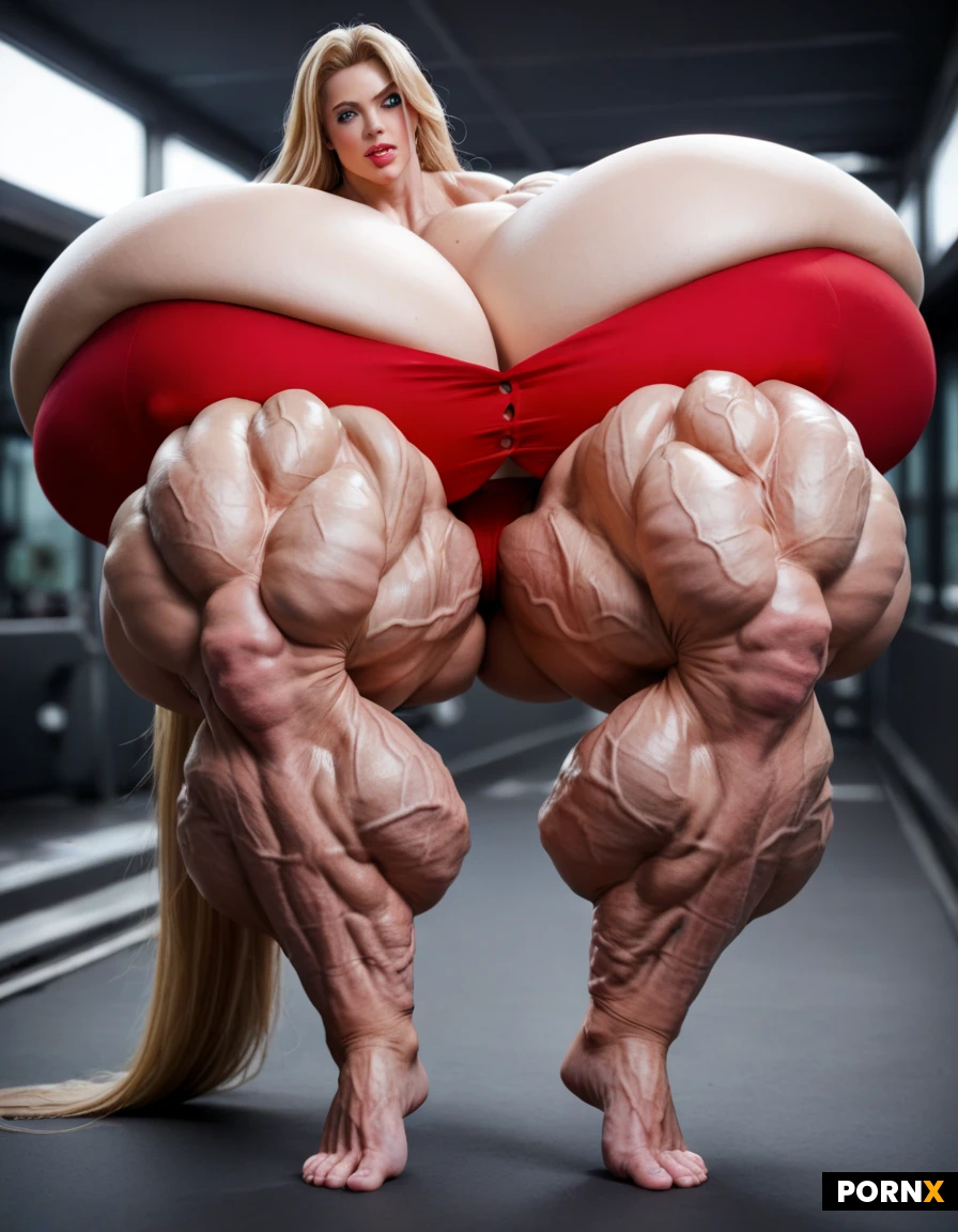 beautiful woman, long blonde hair, tanned skin, large breasts, slim body, Full body sideview image of a ultimative Super mega muscular female hyper muscle bodybuilder model, fixing her hair, in her 20s, super slim tiny waist, incredibly mega exaggerated huge boobs, ultra detailed, high resolution, anatomically accurate, perfect fingers, perfect anatomy, (hyper extreme colossal breasts: 1.29999), her soft floppy drooping natural breasts spill down to her sides, breasts drop to the sides of her chest, hyper massive breasts, breasts hypertrophy, disproportionately(gigantic colossal hyper breasts: 1.29999), unrealistic breasts size, giant expansion breast, extremely huge voluptuous breasts, massive breasts, bodylong hair, straight super long white hair, (exaggerated long hair: 2.6), super defined sixpack which shows every single ab absolutely ripped and defined, perfect hourglass figure, super mega thick mammoth tree like muscular legs, perfect face, feminine face, female facial features, perfect facial features, ultra sexy face, natural face, realistic face, perfect muscular hourglass, Bright green eyes, Extrem exaggerated muscles, ultra hyper massive muscle, expansion muscles, musle goddess, wearing a red bikini, perfect skin, ultimate muscles, long legs, massive muscles, overgrown hypermassive muscles, mega muscles, giganteque muscles, beyond female musle-goddess, mega muscles overgrowth at leg and abs, ultra exaggerated overgrown leg muscles, hypermassive expanded leg muscles, hair reaches the floor, disproportionately(gigantic colossal hypermuscular legs : 2.4), delicate feet, beautiful feet