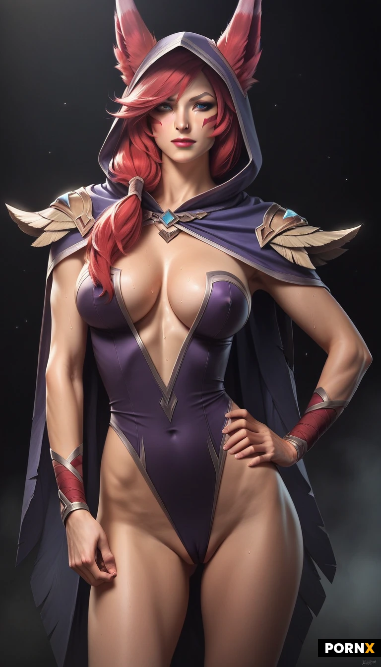 (A woman) silkyxayah red hair hair with ears, purple clothing and hood, slim waist, busty tits, hourglass figure, puffy pussy (big wide blue eyes:1.4) bare legs, (Ultra-realistic) high res, detailed skin texture. sexyleague. realistic Sweat,, cinematic, clean fantasy digital art(black background:1.5 rough cave ground). Frostarcher. haughty expression, proud expression, regal (ice arrows) dynamic camera. sexy walk, hand on hip