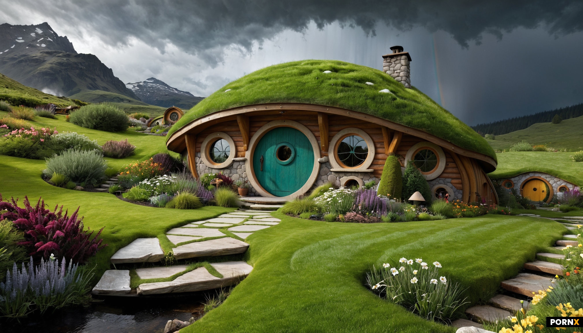 A futuristic sci-fi style hobbit house in the foothills with a big round circular wooden door and ci