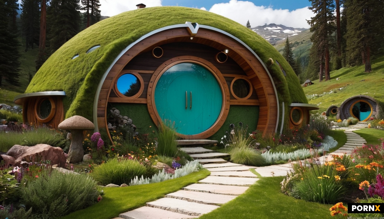 A short sexy goblin woman with pierced ears in front of a futuristic sci-fi style hobbit house in th