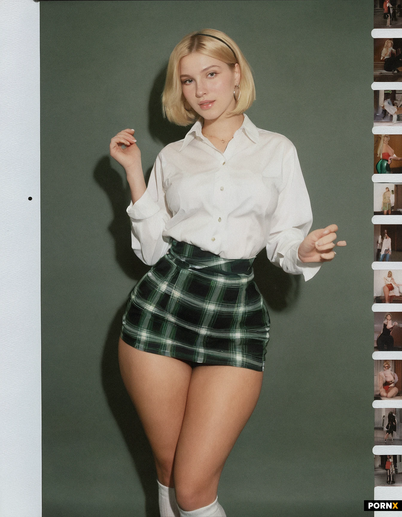 1998 setting. Cute youthful white woman. 21 years old. Short blonde hair. Hair band. Small waist. (Wide hips:2.0) cute youthful face. Hoop earrings. white long sleeve button shirt. Black vest. Short green plaid skirt. Long white socks. Black shoes. 1998. 90s Polaroid photo