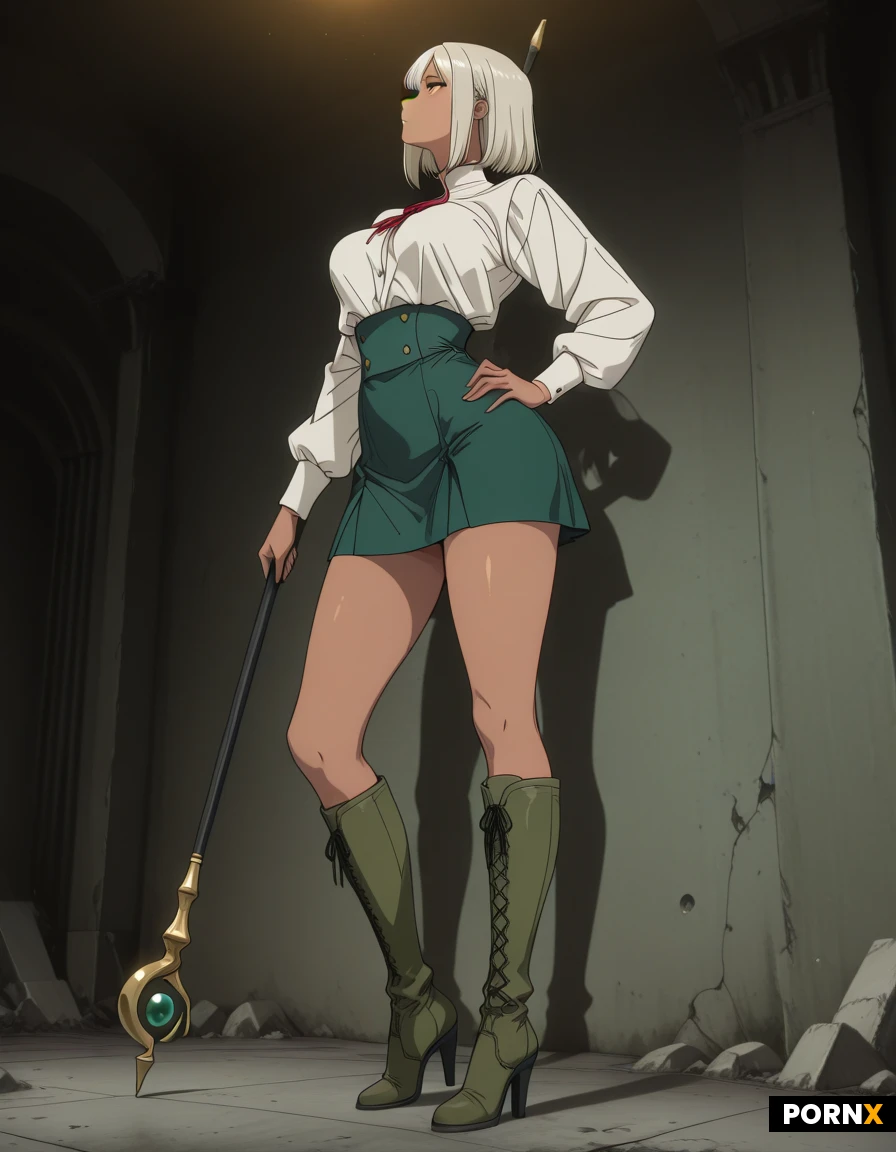 masterpiece, best quality, highres, absurdres, 1girl, solo, green_boots, knee_high_boots, high_heels, dark_skin, long_legs, small_waist, standing, confident, hand_on_hip, staff, green_skirt, swaying, empty_background, concrete_floor, low_angle, full_body, profile, dramatic_lighting