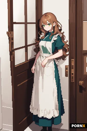 A stylized pixel art image of a tired twenty‑year‑old girl: long curly chestnut hair
