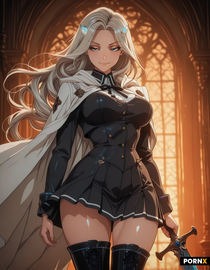 a (curvy:1.2), blonde hair, blue eyes, athletic build, toned physique, arrogant face, black academy uniform, white cloak, blue noble details, skirt, thigh-high boots, silver hair ornament, longsword, the whole setup is straight out of a cosplay fantasy, soft, glossy anime aesthetic, , gothic academy dormroom, wind, flowing hair, dramatic lighting, soft warm lighting, glossy skin, detailed eyes, soft anime shading