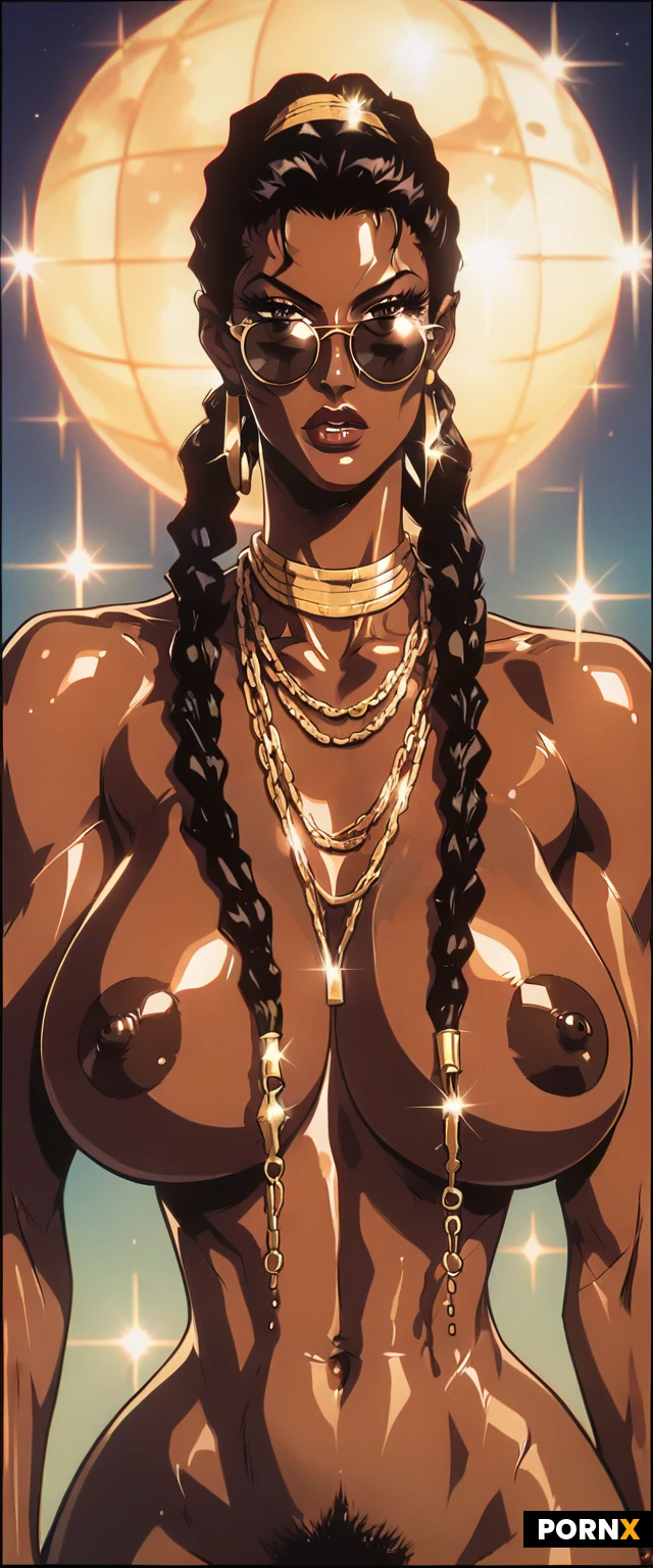 Beautiful, Woman, African, American, 20s, Black Hair, Braids, Big Eyes, Brown Eyes, Long Eyelashes, Busty Lips, (Huge Round Breasts: 1.2), Dark Nipples, Hard Nipples, Puffy Areolas, Skinny, (Pubic Hair: 1.0), Oiled Skin, Naked, Sunglasses, Gold Necklaces, Gold Bangles, Gold Chains, Horny, Disco,