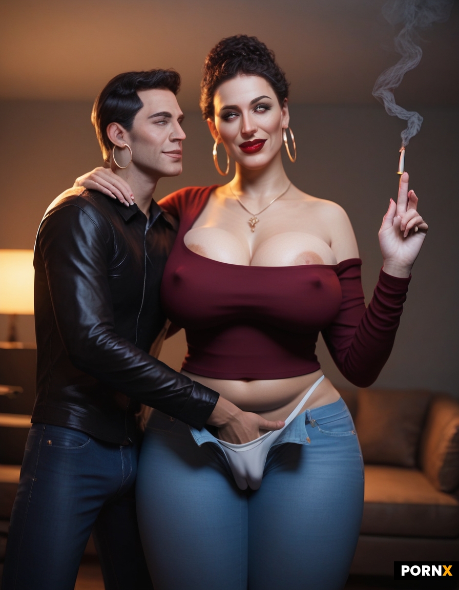 Man standing over woman with his huge massive cock held in hand as she smiles at it
