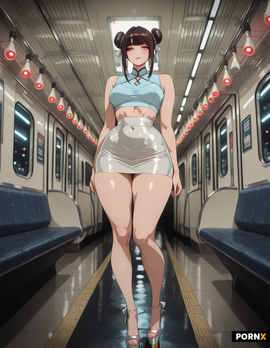 An alluring Chinese woman in her twenties with glossy brunette hair styled in two high buns adorned with white silk ribbons, her face illuminated by glamorous makeup accentuating smoky eyes and plump lips. She stands confidently on a raised platform at Canal Street subway station as a sleek train approaches, captured from a low side-angle that emphasizes her tiny waist, modest breasts, and dramatically curvaceous, round buttocks and thick, toned thighs. She wears a form-fitting electric-blue sleeveless crop top that clings to her torso, paired with a matching ultra-tight mini skirt that hugs her hips, and pristine white open-toe high-heeled shoes that elongate her legs. Soft neon station lights and the ambient glow of the arriving train create a moody, cinematic atmosphere with gentle rim lighting outlining her silhouette, while a shallow depth of field keeps the background blurred yet recognizable as the bustling New York subway. Rendered in ultra-high-resolution photorealistic style, emphasizing skin texture, fabric sheen, and the dynamic urban setting.