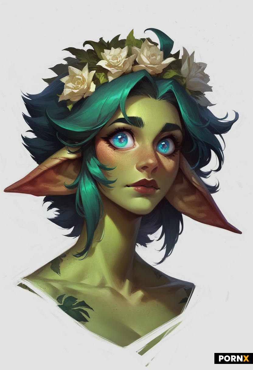 concept-art painterly + goblin-girl portrait + big cute eyes + pale green skin + green leafs hair + 
