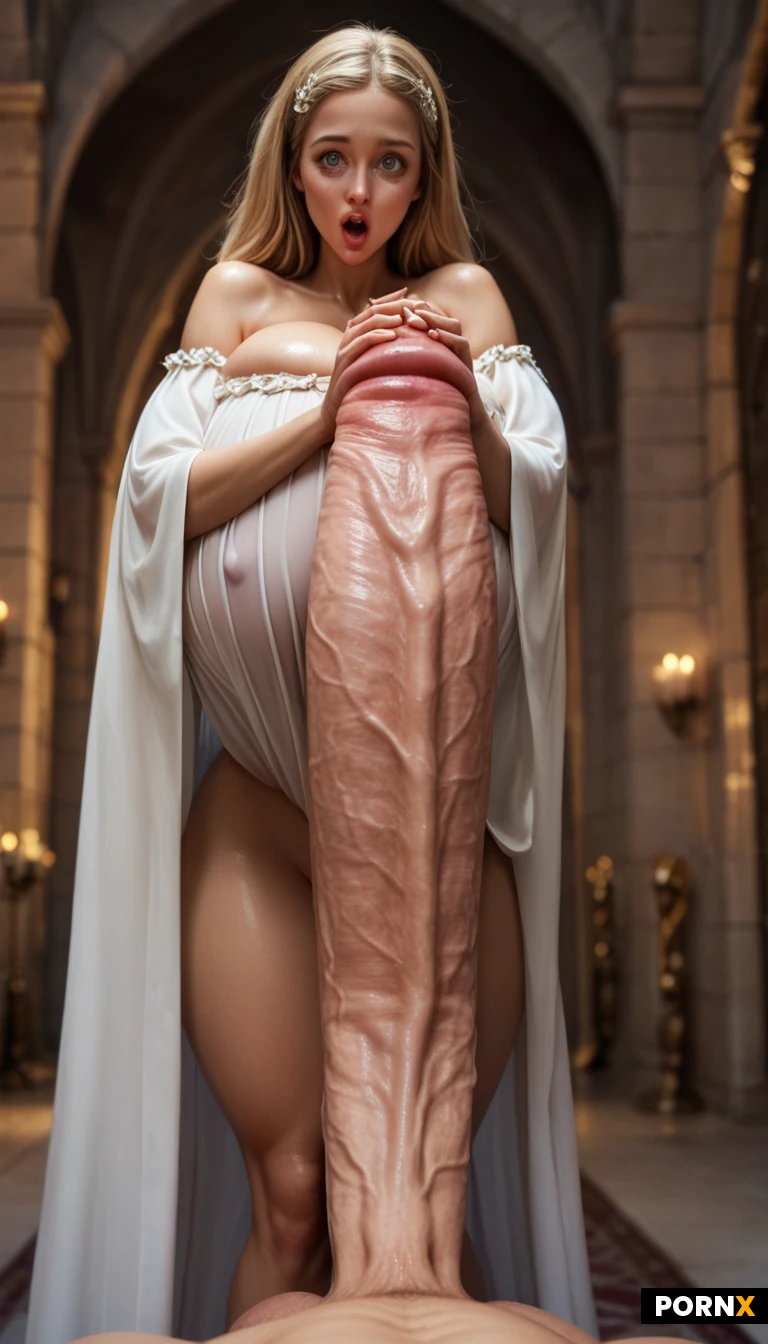 (skinny dude with (hyper huge cock:1.5)), standing grabing, hyper happy shocked face, cute princess in dress with golden hair, huge breasts, old castle, giant puffy lips, huge eyes, errect pussy view, oiled skin, five beautiful fingers on hand,