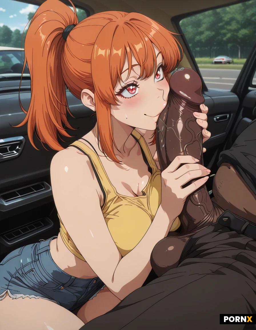 Grils latina Realisme,18 years,cute face, small seize,big eyes, happy ,orange ponytail,car, car,yellow crop top,big musclar dark man in dress pants,big dick, big testicule,wiew bearded musclar dark man in dress pants ,wiew Grils in blue jean shorts sex jean shorts,grils kissing dick,handjob dick,grils sucking big dick