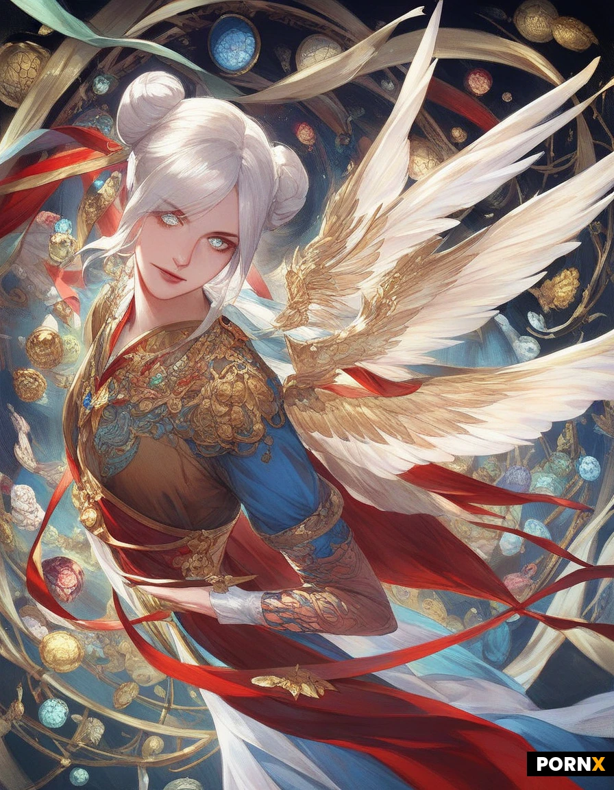 high definition, pretty angle woman, pretty face, floating in the air, white hair, double bun hairstyle, buns are covered with thin hair mash, ornate round plate behind her head, intricately with golden filigree. Heavy sharp-angled gold and steel pauldrons, (layered weather-worn white and cream tunic robes:1.3), four large rigid stylized metallic angle wings with geometric feather plates, (she holding a tall sacred glowing rod with wing shape on the top, decorated with giant gems, Dark moody medieval background ,detailed face, detailed eyes,
