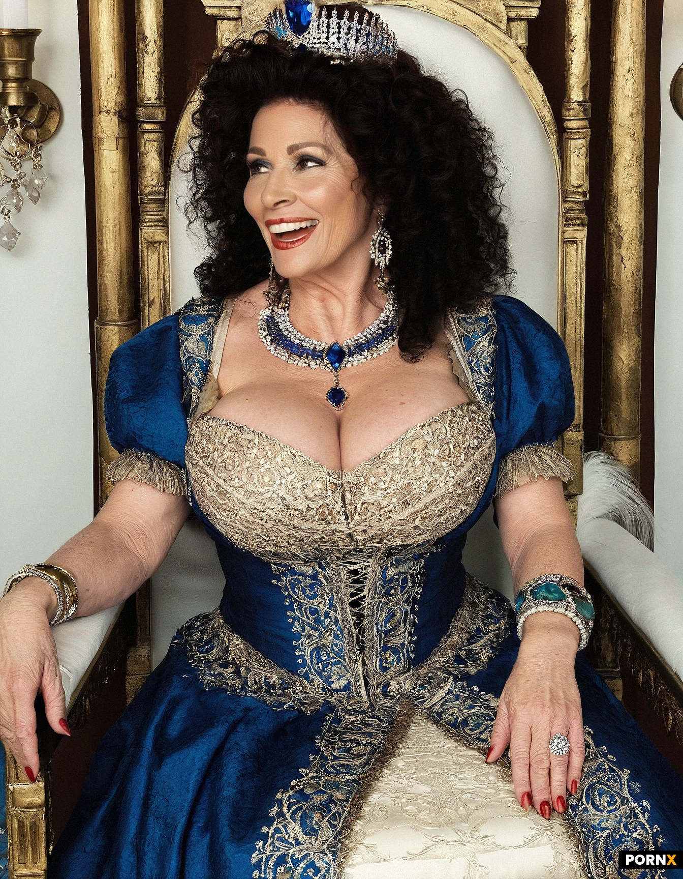 Very old lady, royalty, very busty, old face, wearing much jewellery, big bracelets, curly hair, wearing royal dress with cleavage, sitting on throne, open smiling mouth,
