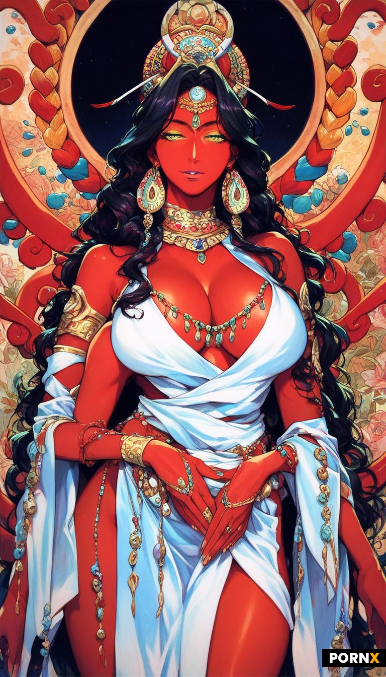 high definition, pretty hindu goddess, pretty face, curved body, red skin, big breast, multi arms, traditional hindu costume, jewelery,