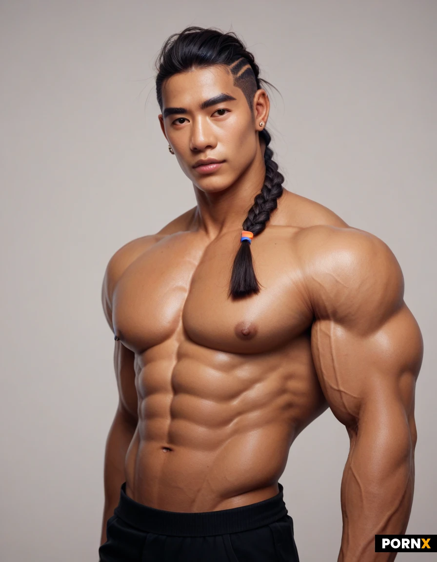 Pecs. (Muscle :1.9). (Pride LGBTQ flag). Buff. Asian crossdresser. Steroid usage. Thick. Cornrows braid hair
