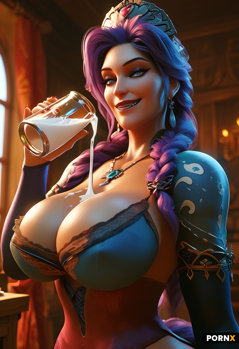 a voluptuous smiling eastern european milkmaid holding a jug above her head and pouring milk onto he