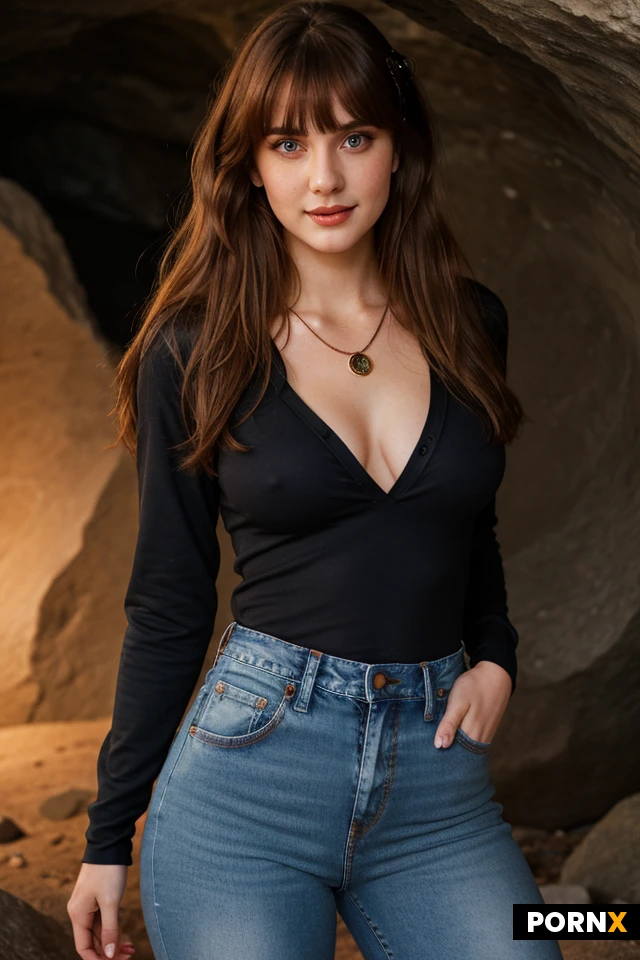 Woman, One, 18 Years old, Irish, Fit, Skinny, Pale skin, Fit thighs, Small ass, Beauty face, Cute face, Big eyes, Bangs, Angel costume, Necklace, Dynamic angle, Model pose, Standing, Happy face, Brown eye color, Messy hair, Long hair, Masterpiece, Realism, Fantasy style, medium Natural breasts, Long eyelashes, Ginger hair, Intricate clothes, dress, jeans, Marvel style, 80s Photo, Striptease, Closeup Portrait, red skin, Cave, Pajamas,