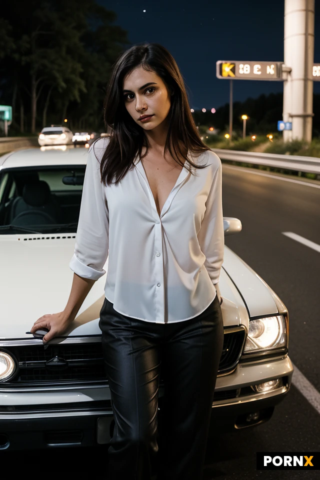 A dark-haired woman of average build, around thirty years old, stands by a car on a highway at night; she looks at the viewer with a sad expression, wearing a form-fitting white blouse and black panties. It is a full-length shot; she is leaning against the car.