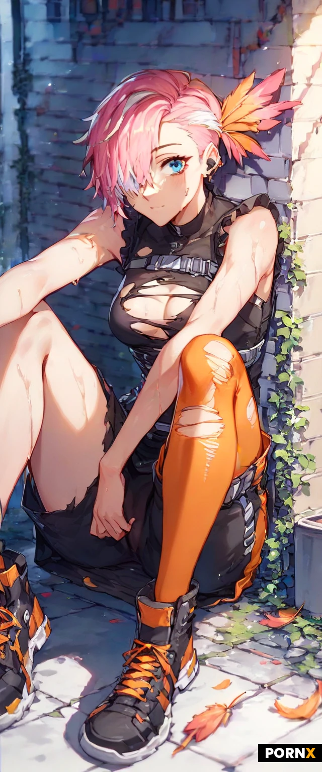 score_9,score_8_up,score_7_up,
((german,(bob hair),asymmetric bangs,((pink hair with  black sidehead)),(tied light white highlights),blue eyes,side undercut,orange feather head accessoire,one eye covered
,Female,cute,(horny),((pale ceramic skin:1.2)),highly detailed face,highly detailed eyes,smeared mascara,highly detailed nipple,curious,good view,incredibly detailed,professional colorgraded,advanced shadows,meticulously created,perfect masterpiece,alone,black background,close,dutch angle,((asymetric)),dappled shadows,realistic texture,advanced physiks,((beautiful hair)),dimm lighting,black flower dress,teardrop shape,petal halter style,wet dress,long slit dress,((sweaty natural sloped aparted breasts)),wide hips,pretty pink nipple,((show breasts)),detailed big areolas,areolas slip,silky nipple,exposed breasts,heavy raining,close face,spread up dress,pull close,tucked aside wet panty,wraped around leg,leaning on wall,rest on ground,drenched body,wet hair,sticky,((night)),late,darkness,in dark alley,cameltoe,torn orange stockings,(teary:0.8),windy,((sinister atmosphere)),((hiding in darkness)),in dark shadow,shady,(scratches:0.8),reaching deep,dark shades