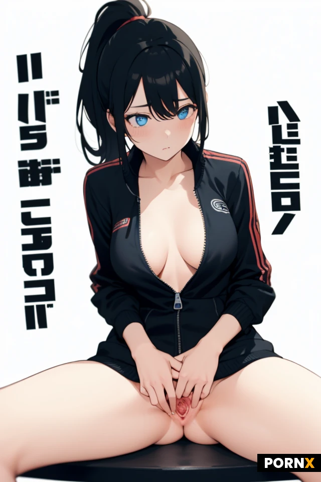 1girl, Black hair, side bangs, ponytail, jacket, jacket covers breasts, chest shown, jacket unzipped, no panties, grabbinh breast, looking down blue eyes, neutral expression, pussy exposed, sitting, white background, fingers inside pussy