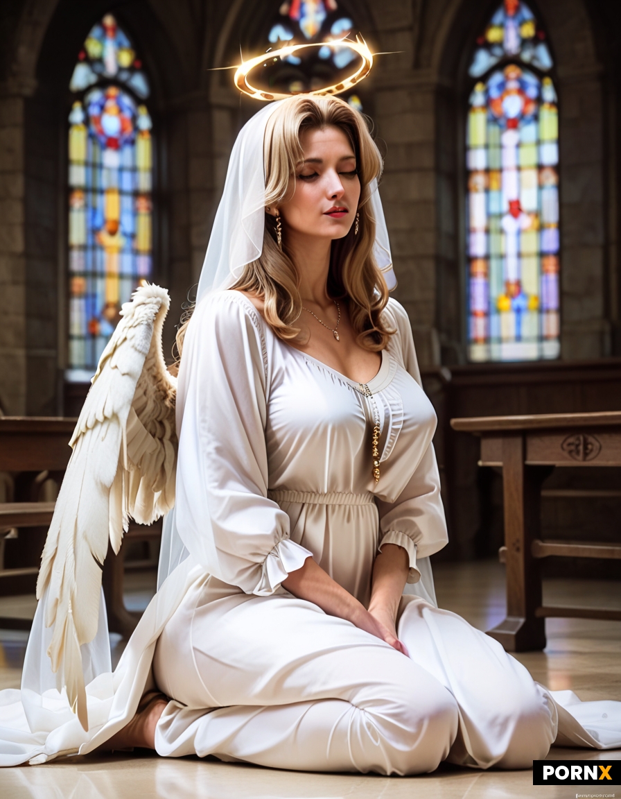 A blonde busty angel in an empty church on her knees praying with a halo over her head