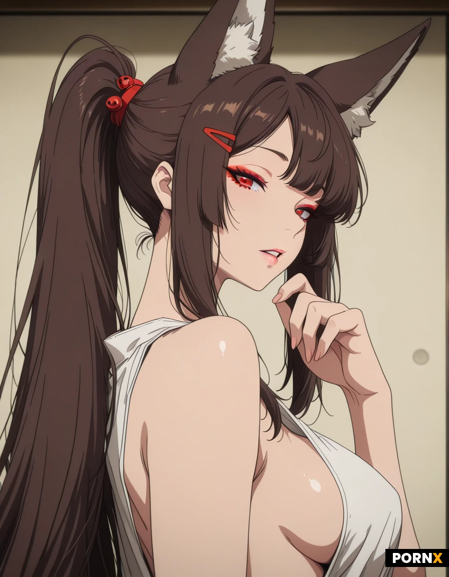 masterpiece,best quality,amazing quality, 8k, high contrast, 1girl, alternate costume, alternate hairstyle, animal ears, bare shoulders, breasts, brown hair, casual, eyeshadow, fox ears, fox girl, from side, hair ornament, hairclip, hand up, long hair, looking at viewer, looking back, makeup, medium breasts, no bra, parted lips, ponytail, red eyes, red eyeshadow, sideboob, sleeveless, solo, upper body, very long hair,masterpiece,best quality,amazing quality, 8k,