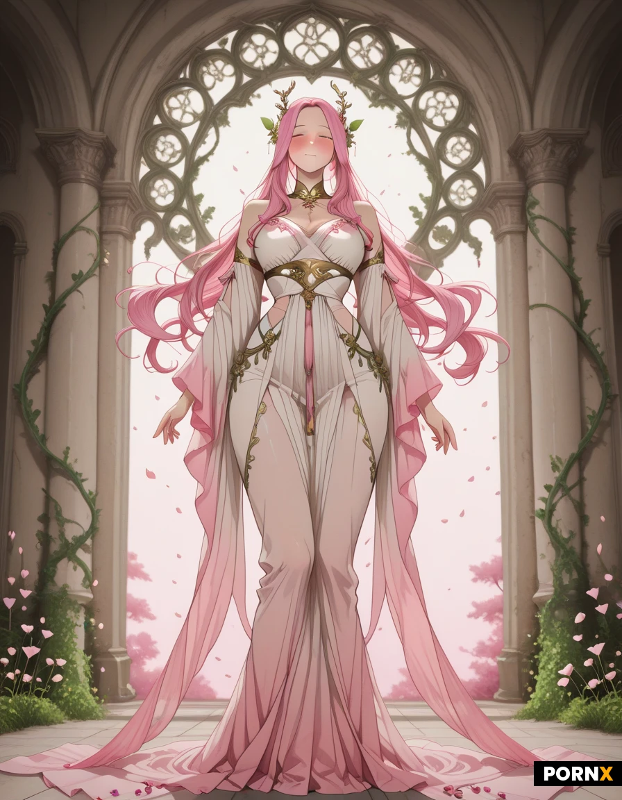 Elegant Western fantasy goddess, full body standing portrait, the Spring Radiance Flower Goddess, embodiment of blooming spring life. Refined Caucasian features, high cheekbones, soft defined jawline, gentle luminous eyes. Tall graceful figure with natural feminine curves. Skin in delicate soft pink to pearlescent white gradient with subtle realistic petal textures and dewy glow. Long flowing hair of blush pink petals intertwined with tender green vines, softly cascading. She wears a semi-transparent layered petal gown resembling an unopened flower bud, realistic fabric folds, delicate dewdrop accents, elegant and ethereal. Sacred, serene, subtly sensual atmosphere. Soft natural spring lighting, floating petals in the air, high fantasy illustration style, highly detailed, refined composition, cinematic lighting --ar 2:3 --stylize 250 --v 6