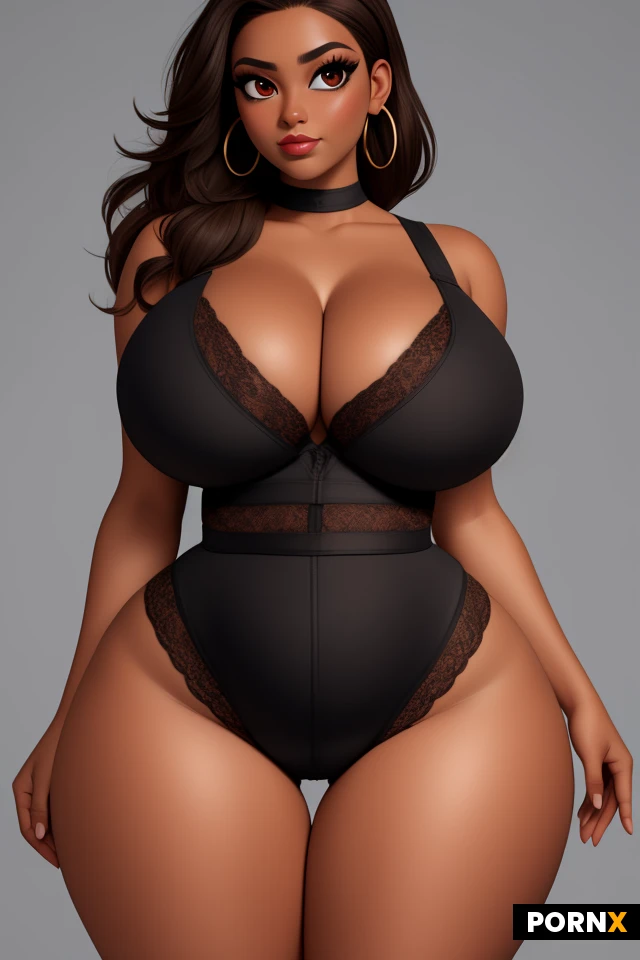 woman, dark skin, light brown hair, lots of makeup, thick black eyeliner, thick lips, plump lips, earrings, (thick thighs:1.2), (curvy:1.5), (thick:1.25), (voluptuous:1.25), (huge boobs:1.3), tight, busty, firm, perky, (wide hips:1.5), (narrow waist:1.35), lipstick, large eyes, lace, tits out, smirk, portrait