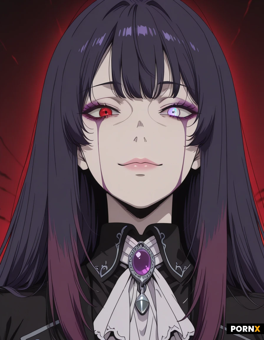 Female character has long, wavy, dark purple hair with bright pinkish-purple highlights at the tips, with a long strand falling over his face. He has heterochromia, featuring one pale blue eye and one deep red eye. His expression is calm and neutral with a subtle, slight smile and pale skin. He is dressed in a dark, elegant gothic outfit featuring a high-collared black coat and a large, ruffled pink cravat, accessorized with silver chains and a prominent purple jewel pendant.