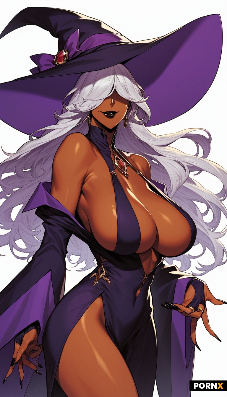 1woman absurdres bare_shoulders black_lips black_nails black_skin breasts bridal_gauntlets cleavage 